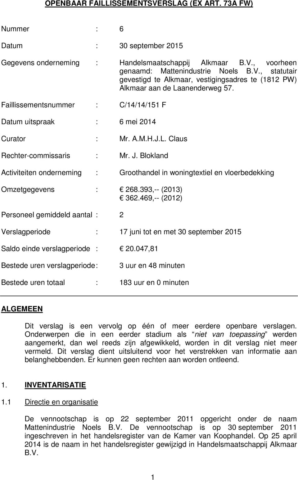 Blokland Activiteiten onderneming : Groothandel in woningtextiel en vloerbedekking Omzetgegevens : 268.393, (2013) 362.