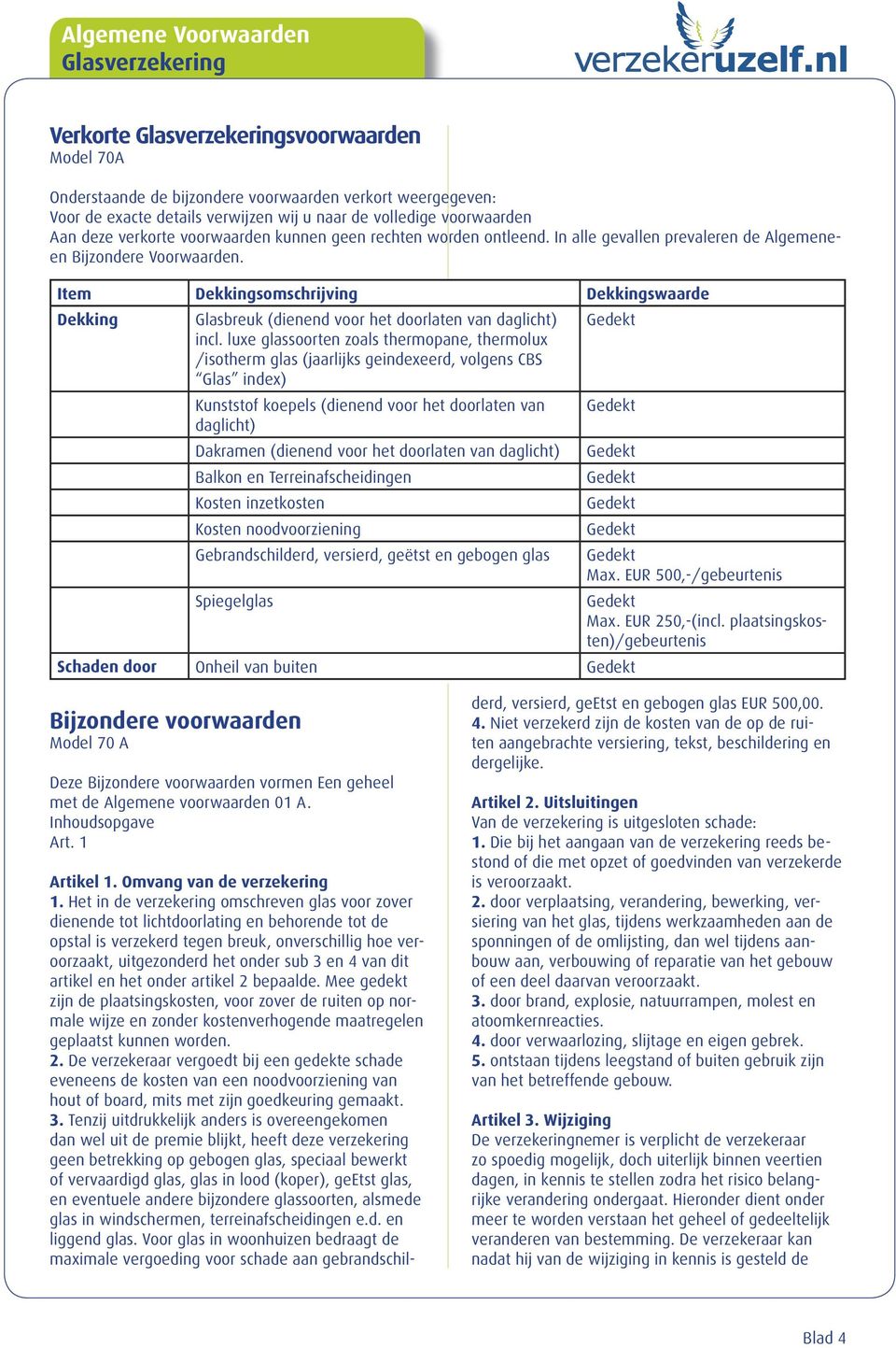 Item Dekkingsomschrijving Dekkingswaarde Dekking Glasbreuk (dienend voor het doorlaten van daglicht) incl.