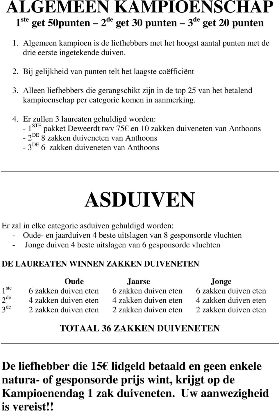 Er zullen 3 laureaten gehuldigd worden: - 1 STE pakket Deweerdt twv 75 en 10 zakken duiveneten van Anthoons - 2 DE 8 zakken duiveneten van Anthoons - 3 DE 6 zakken duiveneten van Anthoons ASDUIVEN Er