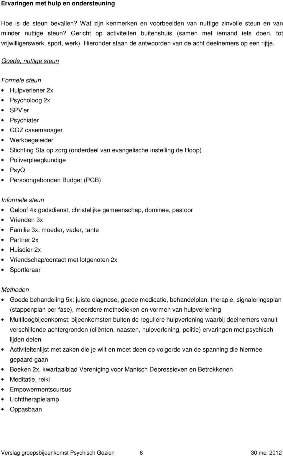 Goede, nuttige steun Formele steun Hulpverlener 2x Psycholoog 2x SPV'er Psychiater GGZ casemanager Werkbegeleider Stichting Sta op zorg (onderdeel van evangelische instelling de Hoop)