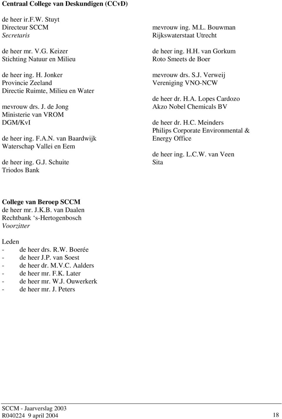 M.L. Bouwman Rijkswaterstaat Utrecht de heer ing. H.H. van Gorkum Roto Smeets de Boer mevrouw drs. S.J. Verweij Vereniging VNO-NCW de heer dr. H.A. Lopes Cardozo Akzo Nobel Chemicals BV de heer dr. H.C. Meinders Philips Corporate Environmental & Energy Office de heer ing.