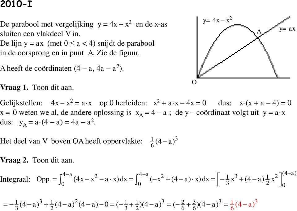 Gelijkstellen: 4x x = a x op 0 herleiden: x + a x 4x = 0 dus: x (x + a 4) = 0 x = 0 weten we al, de andere oplossing is x = 4 a ; de y coördinaat volgt uit y = a x