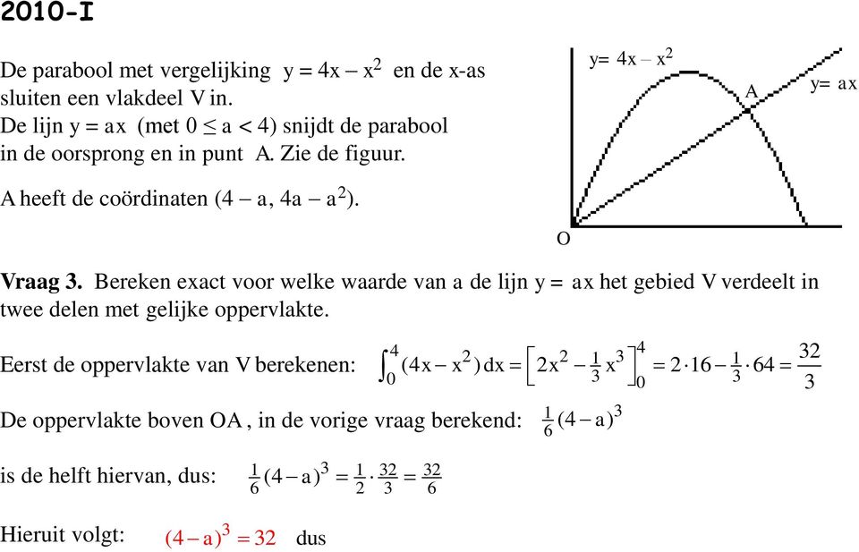 Vraag 3. Bereken exact voor welke waarde van a de lijn y = ax het gebied V verdeelt in twee delen met gelijke oppervlakte.