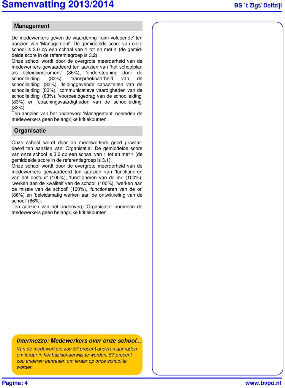 capaciteiten van de schoolleiding' (83%), 'communicatieve vaardigheden van de schoolleiding' (83%), 'voorbeeldgedrag van de schoolleiding' (83%) en 'coachingsvaardigheden van de schoolleiding' (83%).