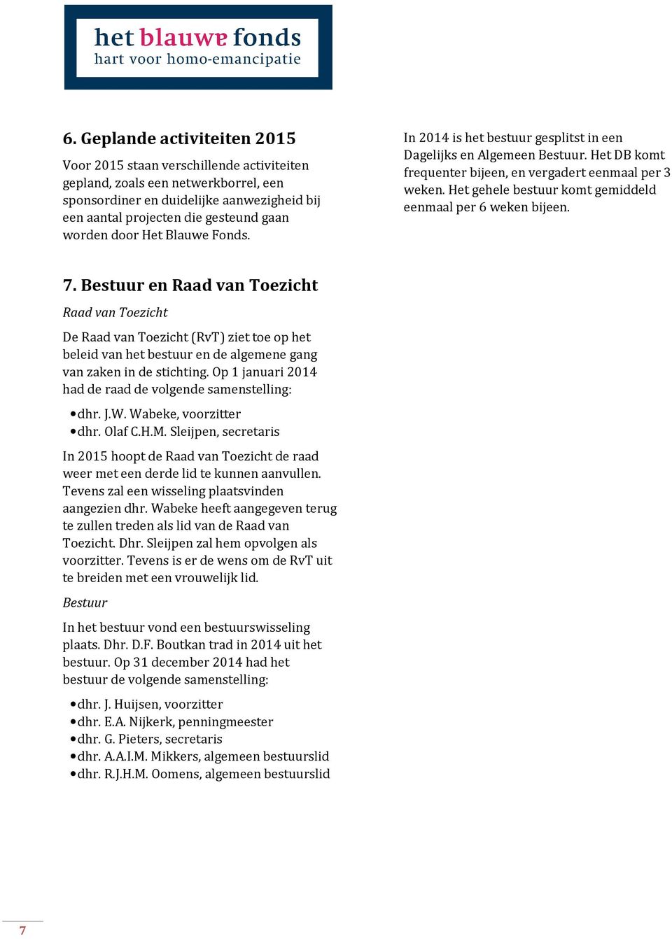 Het gehele bestuur komt gemiddeld eenmaal per 6 weken bijeen. 7.