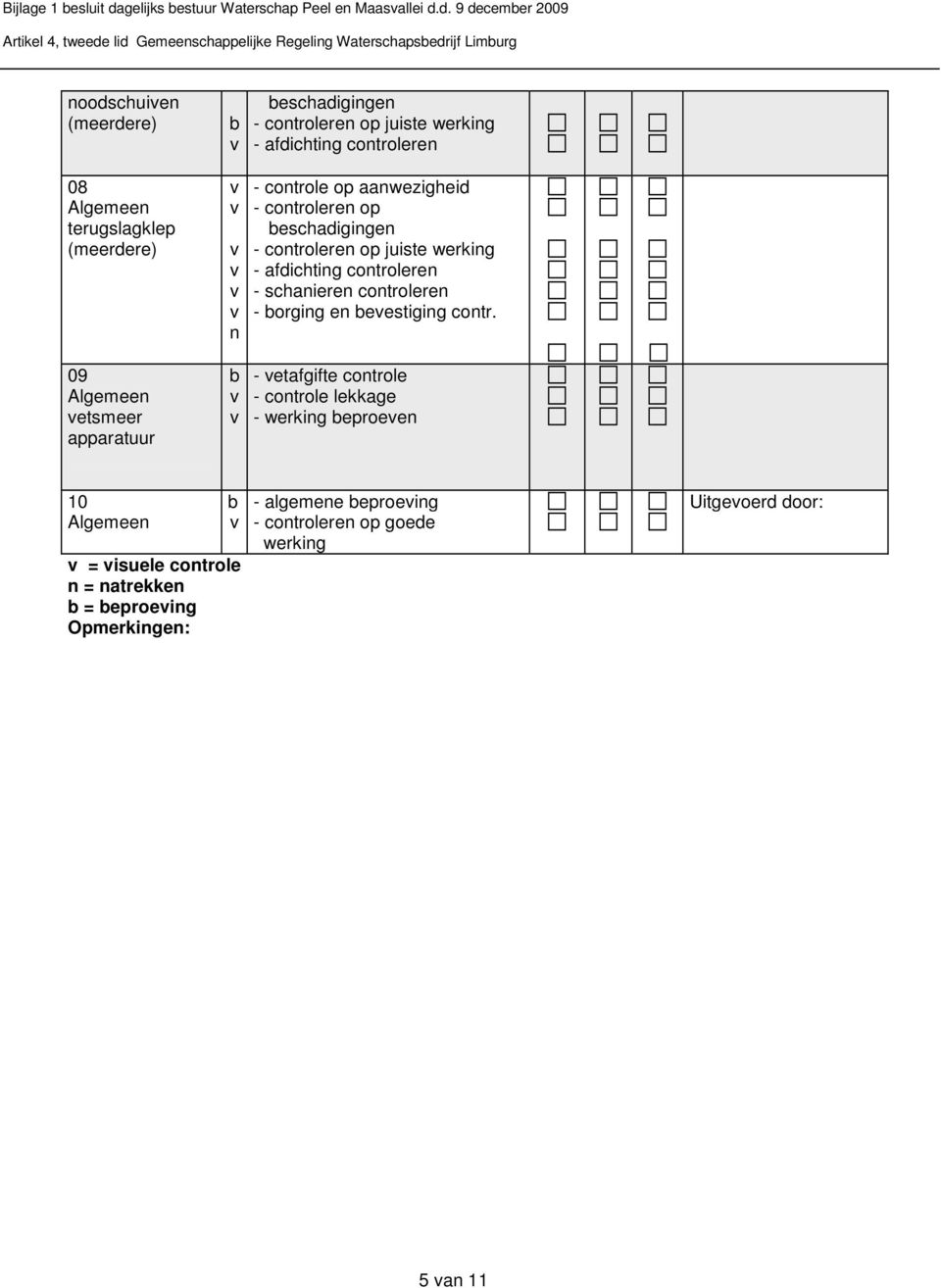 d. 9 decemer 2009 Artikel 4, tweede lid Gemeeschappelijke Regelig Waterschapsedrijf Limurg oodschuie (meerdere) eschadigige - cotrolere op juiste werkig -