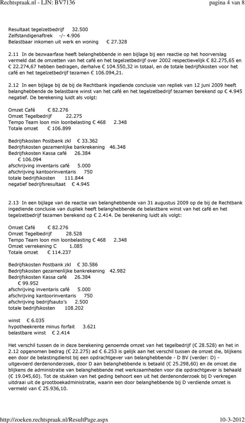 274,67 hebben bedragen, derhalve 104.550,32 in totaal, en de totale bedrijfskosten voor het café en het tegelzetbedrijf tezamen 106.094,21. 2.