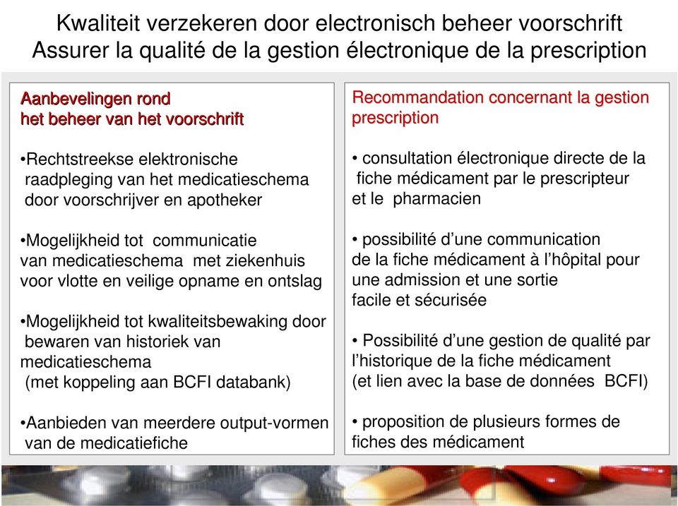 Mogelijkheid tot kwaliteitsbewaking door bewaren van historiek van medicatieschema (met koppeling aan BCFI databank) Aanbieden van meerdere output-vormen van de medicatiefiche Recommandation