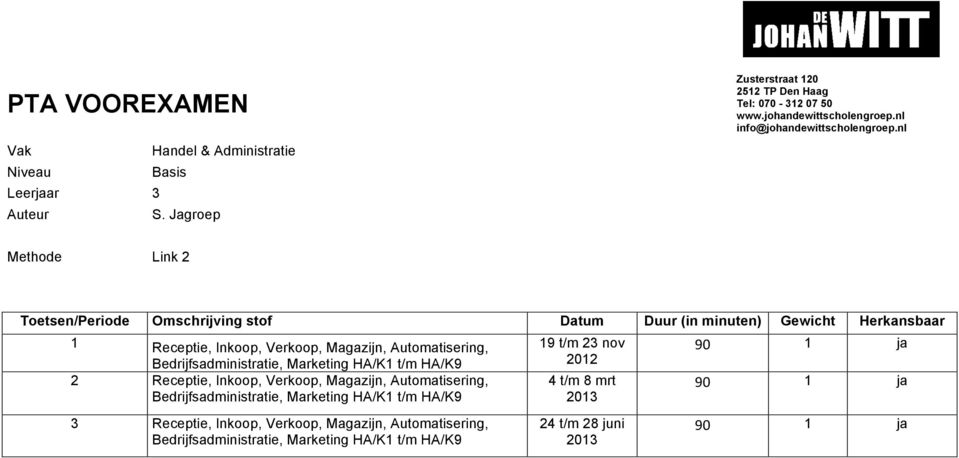 Magazijn, Automatisering, Bedrijfsadministratie, Marketing HA/K1 t/m HA/K9 2 Receptie, Inkoop, Verkoop, Magazijn, Automatisering,