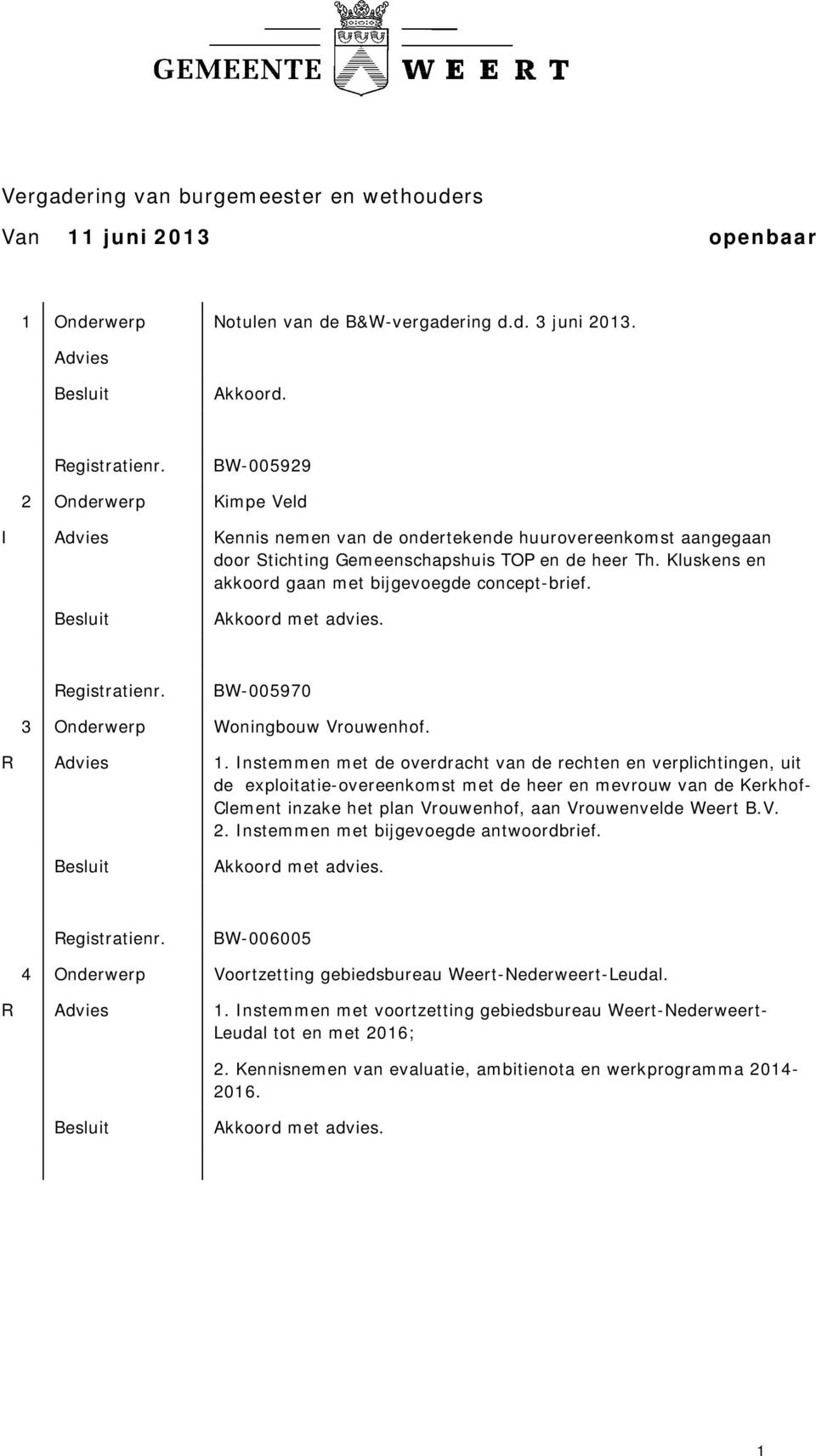 Kluskens en akkoord gaan met bijgevoegde concept-brief. BW-005970 3 Onderwerp Woningbouw Vrouwenhof. R Advies 1.