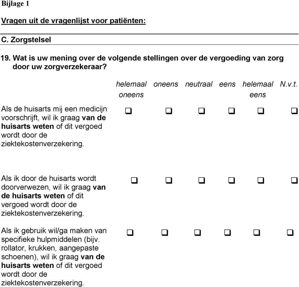 helemaal oneens oneens neutraal eens helemaal eens N.v.t. Als ik door de huisarts wordt doorverwezen, wil ik graag van de huisarts weten of dit vergoed wordt door de ziektekostenverzekering.