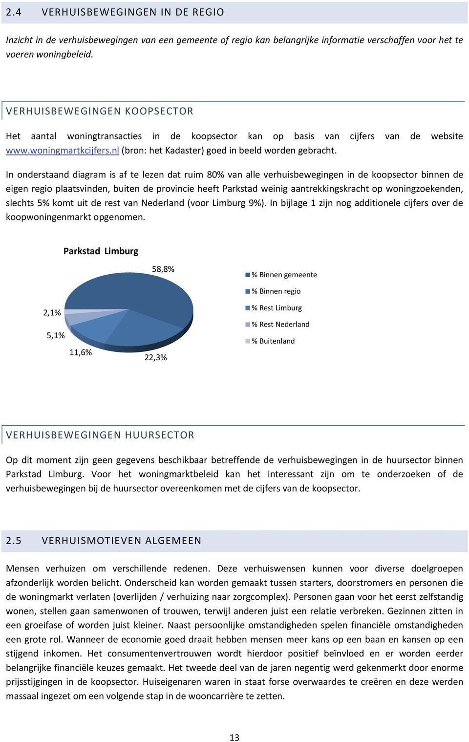 In onderstaand diagram is af te lezen dat ruim 80% van alle verhuisbewegingen in de koopsector binnen de eigen regio plaatsvinden, buiten de provincie heeft Parkstad weinig aantrekkingskracht op