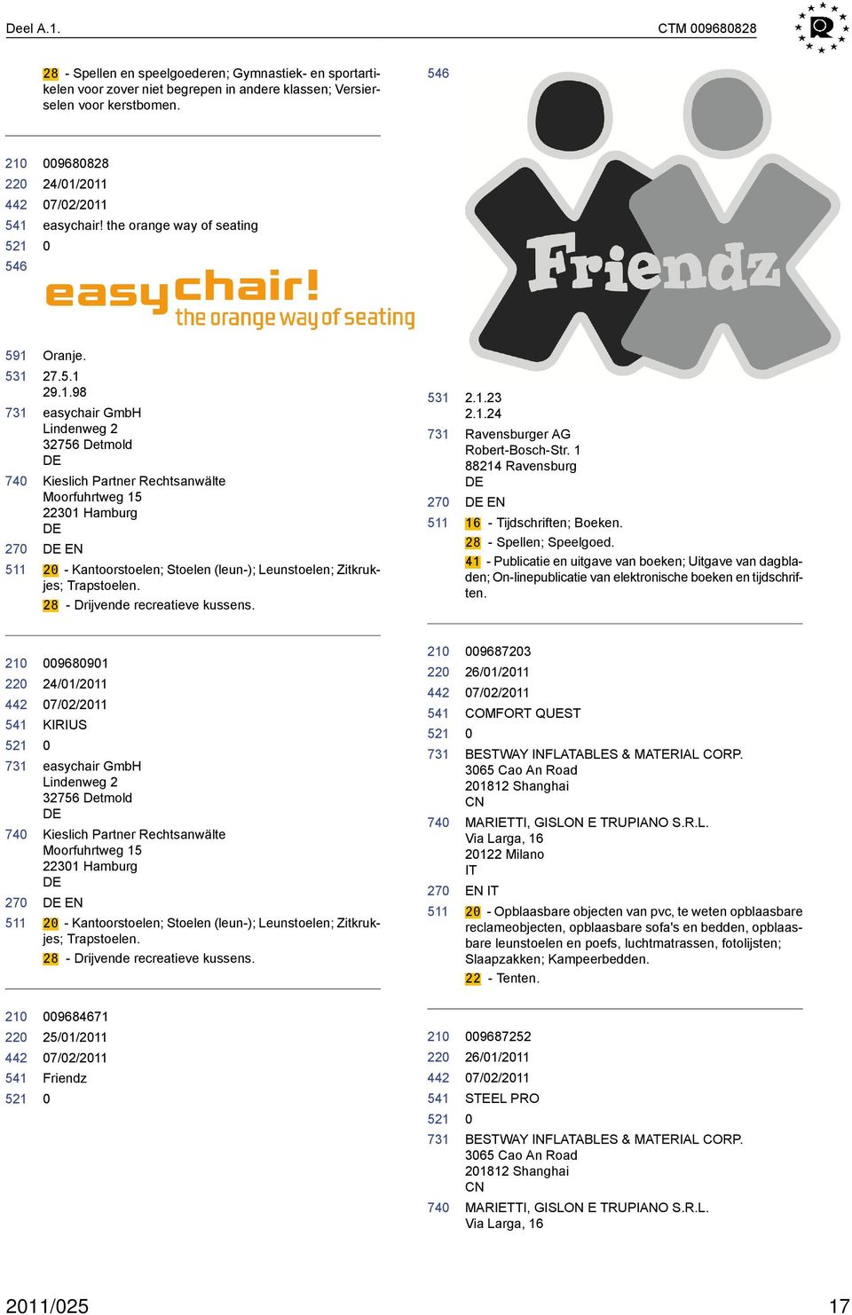 531 Oranje. 27.5.1 29.1.98 easychair GmbH Lindenweg 2 32756 Detmold Kieslich Partner Rechtsanwälte Moorfuhrtweg 15 2231 Hamburg EN 2 - Kantoorstoelen; Stoelen (leun-); Leunstoelen; Zitkrukjes; Trapstoelen.