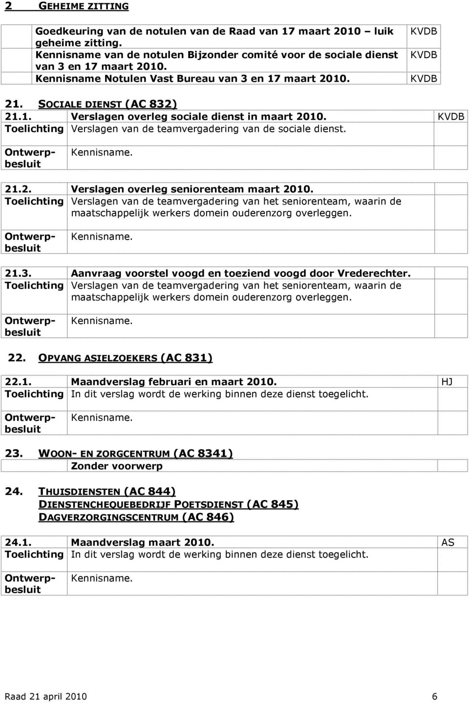 Toelichting Verslagen van de teamvergadering van de sociale dienst. 21.2. Verslagen overleg seniorenteam maart 2010.