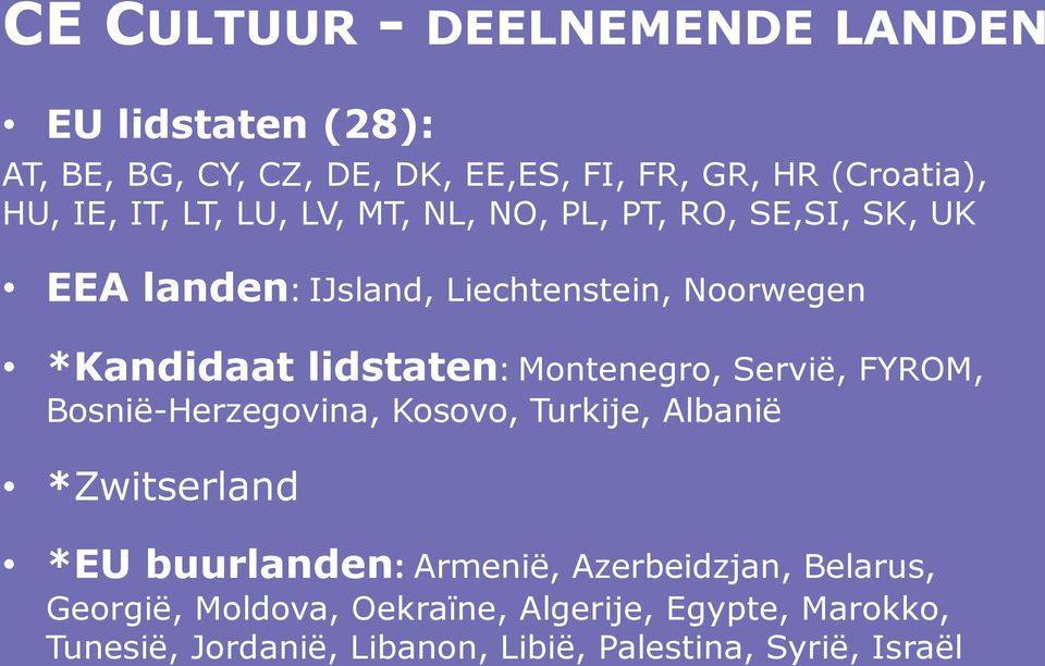 Montenegro, Servië, FYROM, Bosnië-Herzegovina, Kosovo, Turkije, Albanië *Zwitserland *EU buurlanden: Armenië,