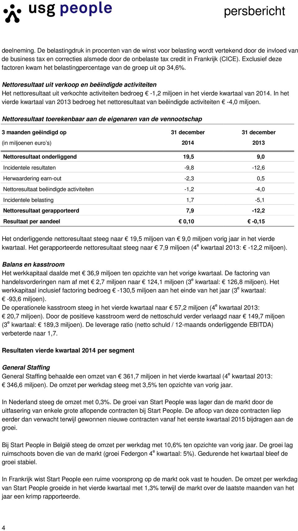 Nettoresultaat uit verkoop en beëindigde activiteiten Het nettoresultaat uit verkochte activiteiten bedroeg -1,2 miljoen in het vierde kwartaal van 2014.