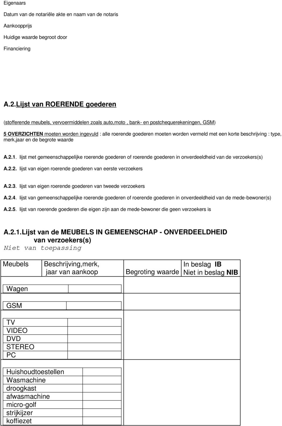 vermeld met een korte beschrijving : type, merk,jaar en de begrote waarde A.2.1. lijst met gemeenschappelijke roerende goederen of roerende goederen in onverdeeldheid van de verzoekers(s) A.2.2. lijst van eigen roerende goederen van eerste verzoekers A.