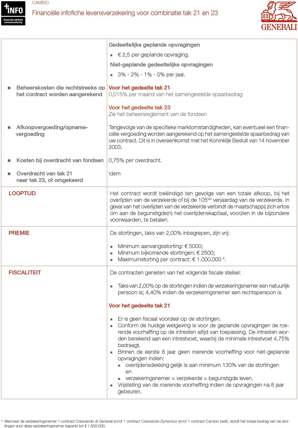 Afkoopvergoeding/opnamevergoeding Tengevolge van de specifieke marktomstandigheden, kan eventueel een financiële vergoeding worden aangerekend op het samengestelde spaarbedrag van uw contract.