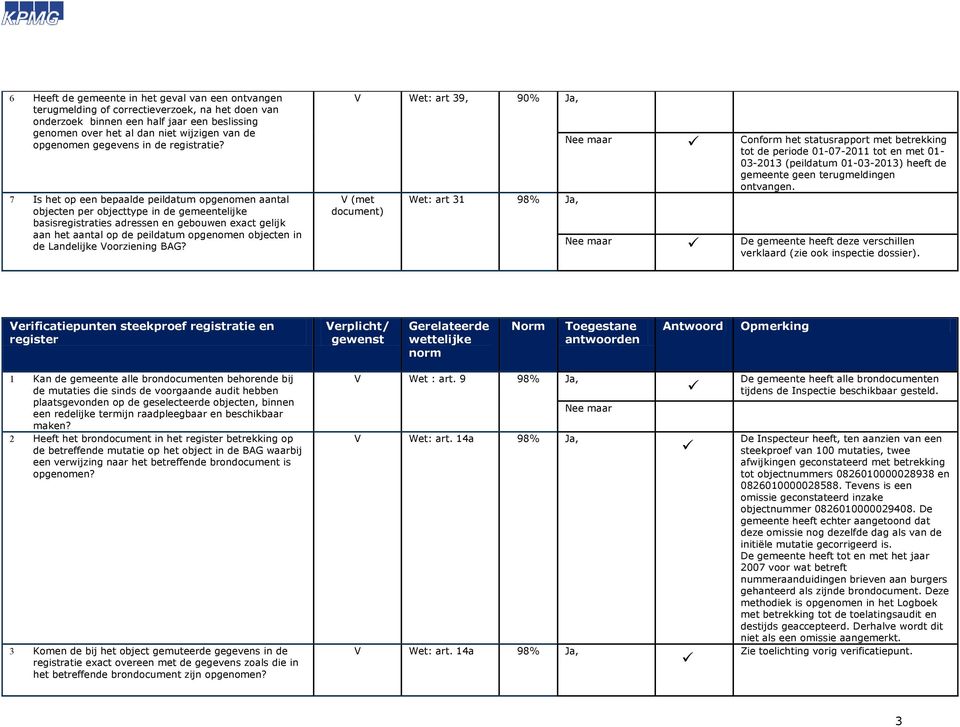 7 Is het op een bepaalde peildatum opgenomen aantal objecten per objecttype in de gemeentelijke basisregistraties adressen en gebouwen exact gelijk aan het aantal op de peildatum opgenomen objecten