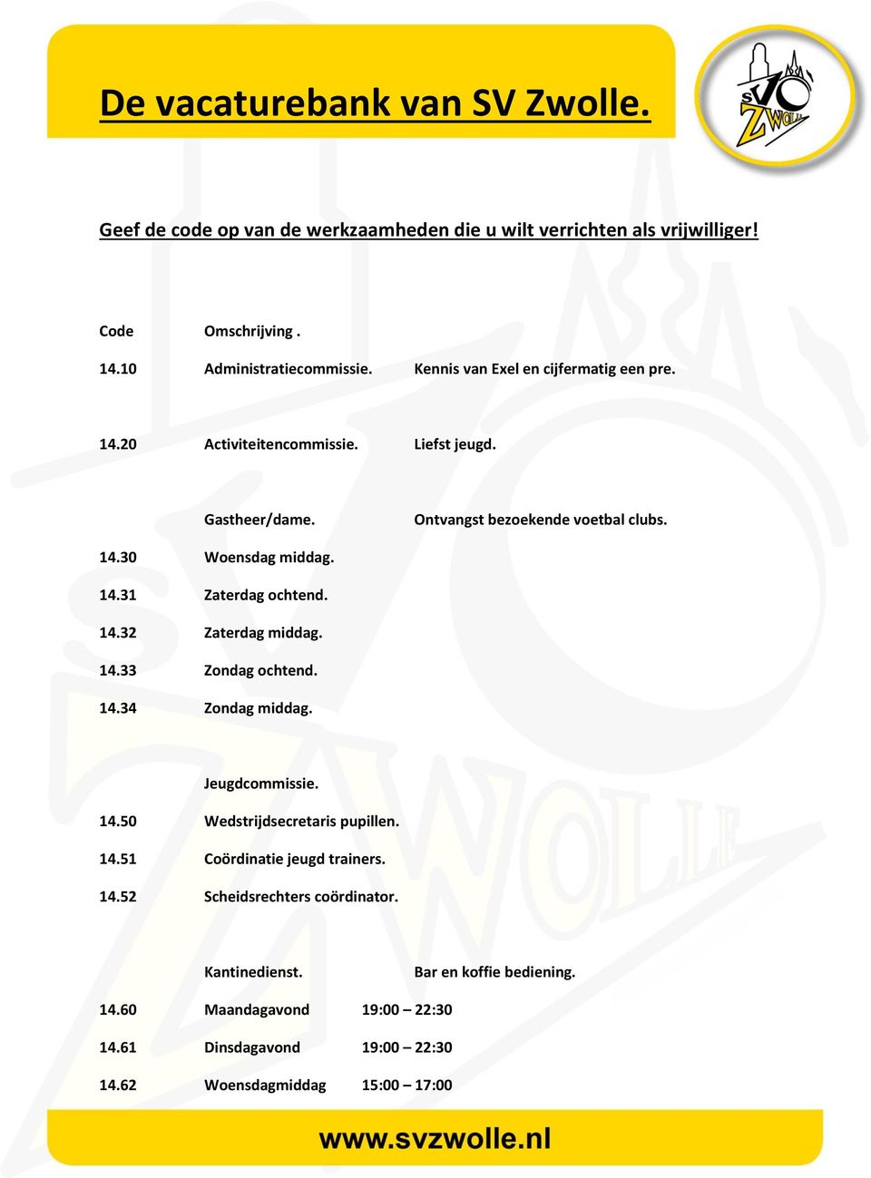 14.32 Zaterdag middag. 14.33 Zondag ochtend. 14.34 Zondag middag. Jeugdcommissie. 14.50 Wedstrijdsecretaris pupillen. 14.51 Coördinatie jeugd trainers. 14.52 Scheidsrechters coördinator.