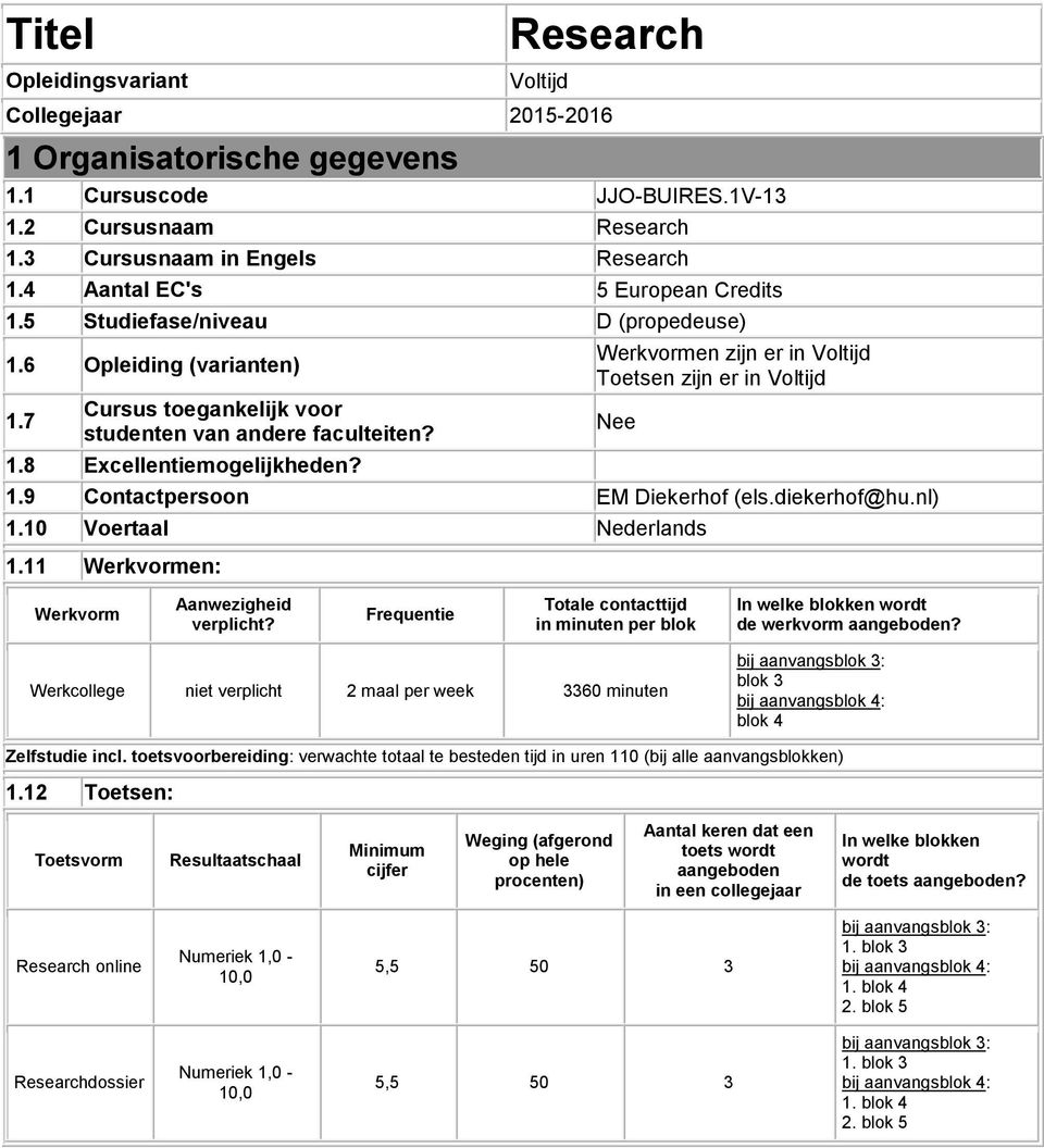 Werkvormen zijn er in Voltijd Toetsen zijn er in Voltijd 1.9 Contactpersoon EM Diekerhof (els.diekerhof@hu.nl) Nee 1.10 Voertaal Nederlands 1.11 Werkvormen: Werkvorm Aanwezigheid verplicht?