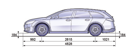 Technische gegevens Afmetingen (in mm) Let op: de wagenhoogte van uw auto is onder ideale omstandigheden ongeveer 184 mm (waarde rijklaar: alleen de bestuurder inclusief volle brandstoftank).