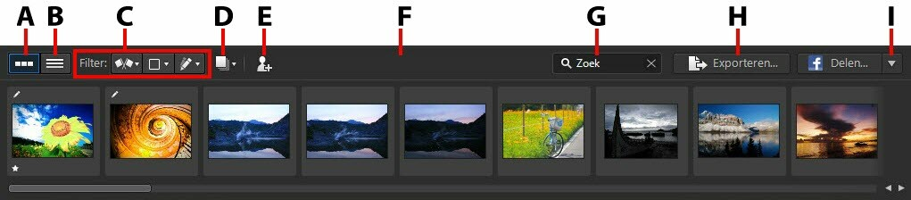 De w erkruim te van PhotoDirector Paneel Aanpassingen Het aanpassingspaneel wordt geopend als het aanpassingsvenster is geactiveerd en bevat alle hulpmiddelen om foto's te retoucheren en bewerken.
