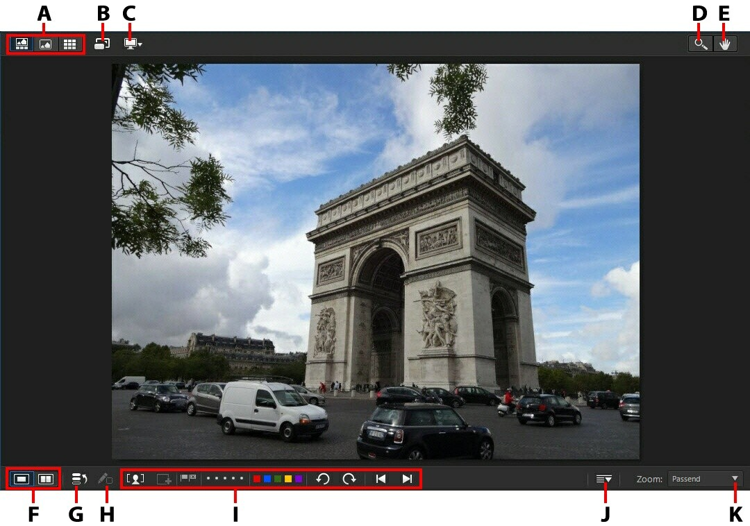 De w erkruim te van PhotoDirector Fotoviewervenster Het fotoviewervenster toont een voorbeeld van een foto die in het fotobrowser is geselecteerd.