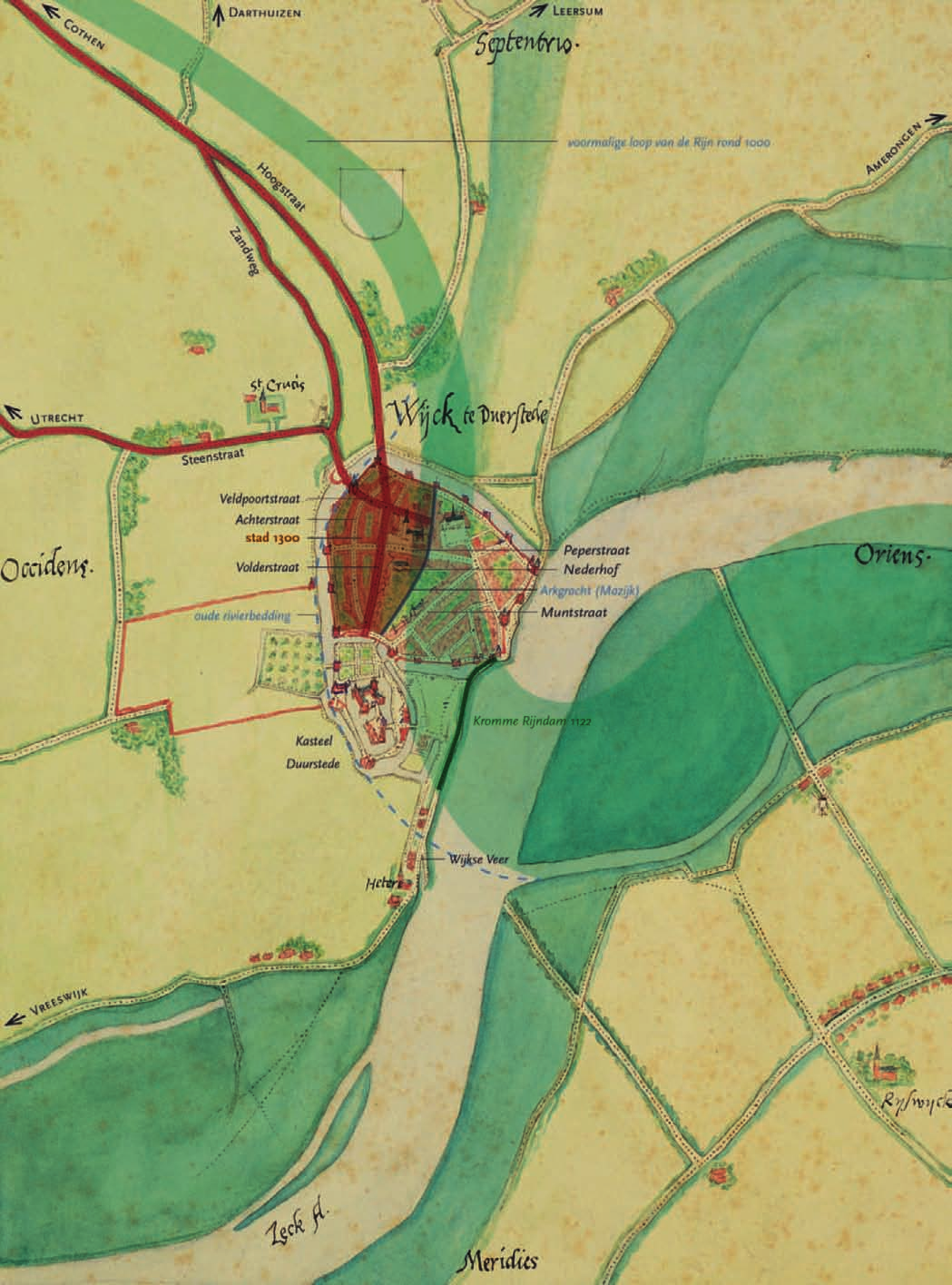 PROVINCIE UTRECHT 35 Wijk bij Duurstede. Stadsplattegrond van Jacob van Deventer uit omstreeks 1570, met de eerste stadsuitleg rond 1300 in groen.