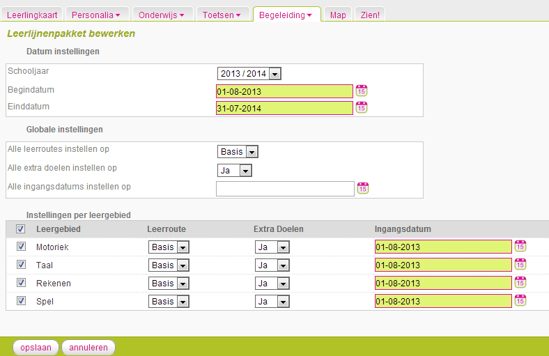 Vervolgens dient u een aantal instellingen op te geven: 1. U koppelt het leerlijnenpakket voor een schooljaar.