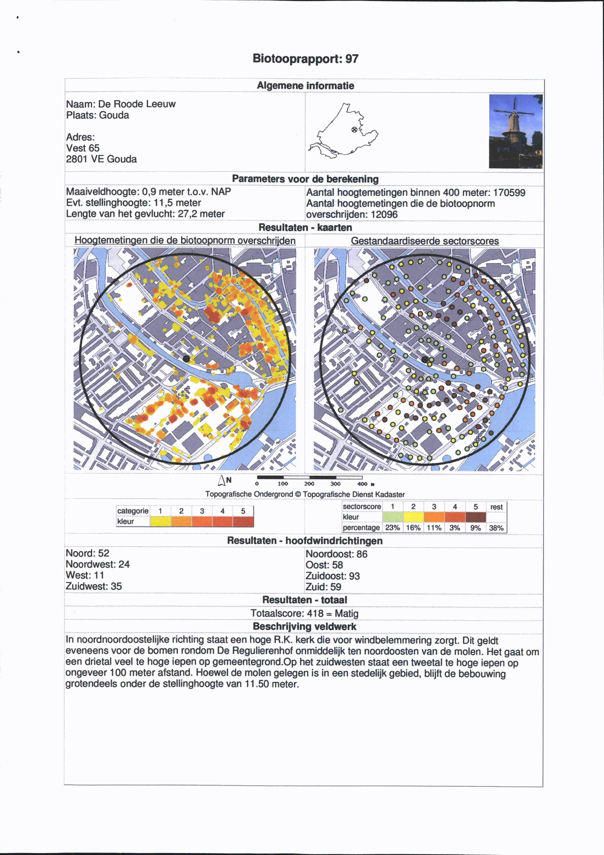 Biotooprapport: 97 Naam: De Roode Leeuw Plaats: Gouda Algemene informatie Adres: Vest 65 2801 VE Gouda Parameters voor de berekening Maaiveldhoogte: 0,9 meter t.o.v. NAP Aantal hoogtemetingen binnen 400 meter: 170599 Evt.