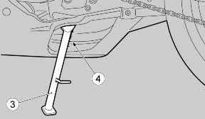 Push the side stand with your right foot to fully extend the stand. Lean the vehicle until the stand touches the ground. Turn the handlebar fully leftwards. CAUTION MAKE SURE THE VEHICLE IS STA- BLE.