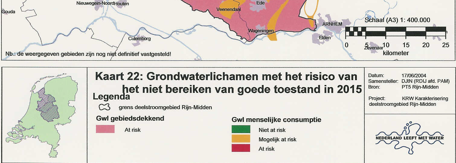 Figuur 5-6 Grondwaterlichamen met risico niet bereiken goede toestand in 2015 Van alle grondwaterlichamen (voor menselijke consumptie) zijn er thans twaalf beoordeeld als not at risk.