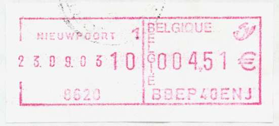 5. P2479 - Ronde stempel (dubbele cirkel) met postcode 8620. Merk: Hasler 103. Aangetekende brief verstuurd naar Oostende en gefrankeerd met 146F op -5-12-94.