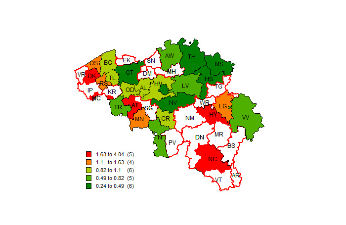 Incidentie van listeriose per arrondissement Figuur 8 geeft een overzicht van de incidenties (N/100.000 inwoners) van listeriose per arrondissement.