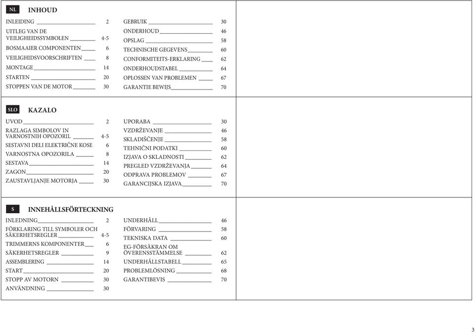 ELEKTRIČNE KOSE 6 VARNOSTNA OPOZORILA 8 SESTAVA 14 ZAGON 20 ZAUSTAVLJANJE MOTORJA 30 UPORABA 30 VZDRŽEVANJE 46 SKLADIŠČENJE 58 TEHNIČNI PODATKI 60 IZJAVA O SKLADNOSTI 62 PREGLED VZDRŽEVANJA 64