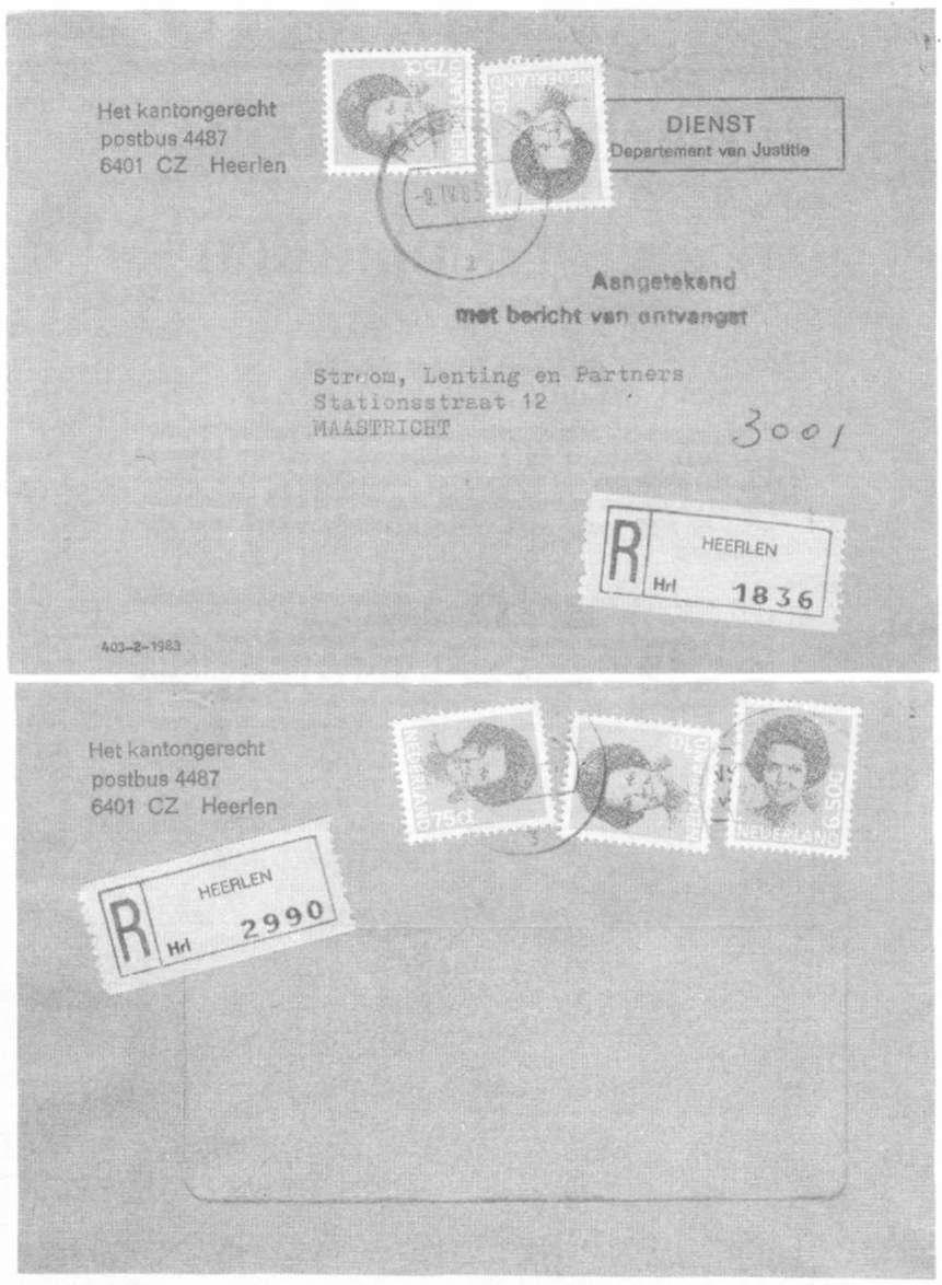 7) Twee brieven "aangetekend met bericht van ontvangst", beide verzonden door Kantongerecht Heerlen.
