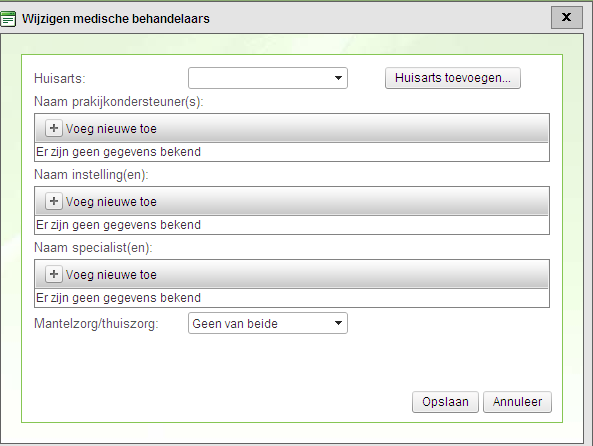 Wijzigen medische gegevens Wijzigen medische behandelaars Toevoegen huisarts Indien een