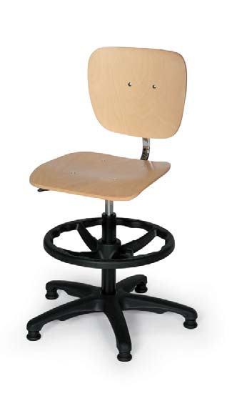 Werkplaatsstoelen 533-1001 Ergonomische werkplaatskrukken Zitting van gelakt beukenmultiplex of van zwart polyurethaanschuim, ø 320, traploos in hoogte verstelbaar.