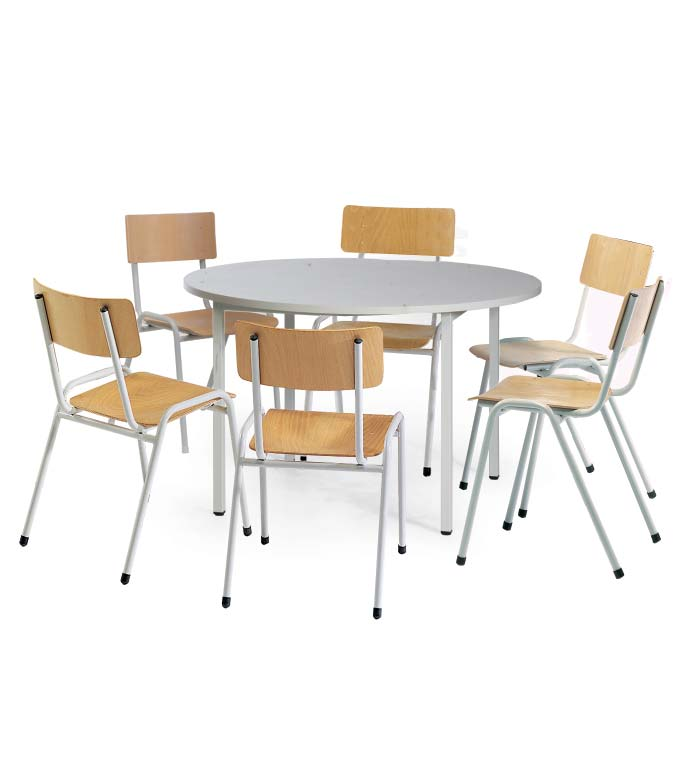 Ronde tafels -1120 185, Universele tafels, rond tafelblad met kunststofcoating in lichtgrijs, ø frame met poedercoating in RAL 7035, lichtgrijs compacte levering, eenvoudige montage Set met 4 stoelen