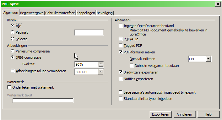 Pagina Algemeen van het dialoogvenster PDF-optie Op de pagina Algemeen kunt u kiezen welke pagina's in het PDF opgenomen worden, welke mate van compressie voor afbeeldingen te gebruiken (die de