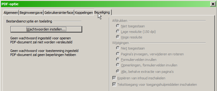 Afbeelding 13: Pagina Beveiliging in het dialoogvenster PDF-optie Met een Wachtwoord voor openen ingesteld kan het PDF slechts met het wachtwoord geopend worden.