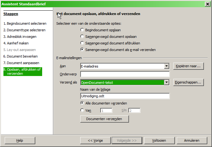 Afbeelding 19: Een document als e-mailbericht verzenden 7) Type een onderwerp voor uw e-mail en klik op Documenten verzenden. LibreOffice verzendt de e-mails.