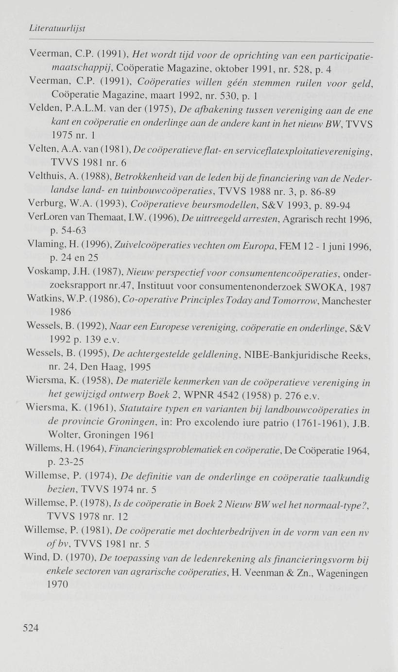 Veerman, C.P. (1991), Het wordt tijd voor de oprichting van een participatiemaatschappij, Coöperatie Magazine, oktober 1991, nr. 528, p. 4 Veerman, C.P. (1991), Coöperaties willen géén stemmen ruilen voor geld, Coöperatie Magazine, maart 1992, nr.