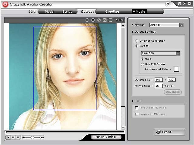 Om de film te exporteren, doe het volgende: 1. Selecteer een CrazyTalk Avatar Creator model met gezicht eigenschappen, bewegingen en with facial features, motions and gespecificeerde uitdrukkingen. 2.