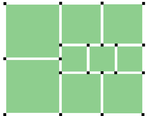 ca4x4 1c Puzzeltje N 7 Een manier van interpretatie door middel van een kolommen-structuur is die waarbij op alle kruispunten van de lijnen van het patroon kolommen worden geplaatst met het profiel