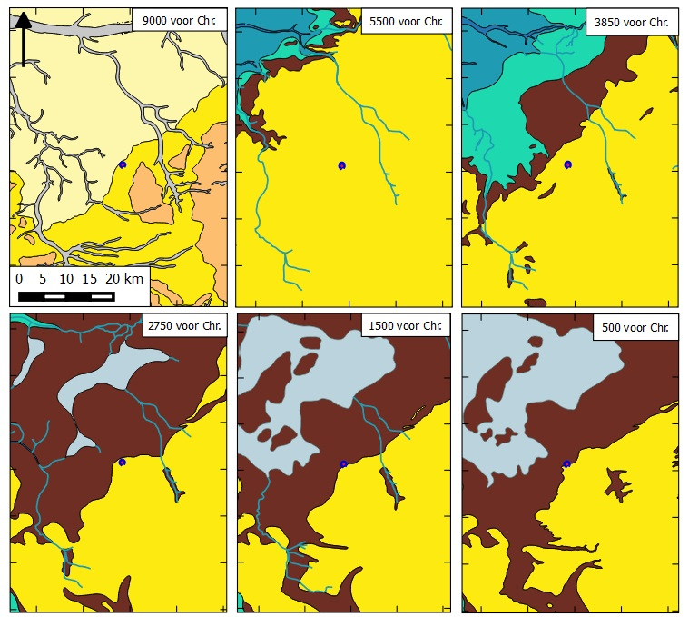 Afbeelding 3. Paleogeografische ontwikkeling van circa 9000 500 voor Chr. De locatie van het onderzoeksgebied is met een blauwe punt aangegeven. Naar: Vos et al., 2013.