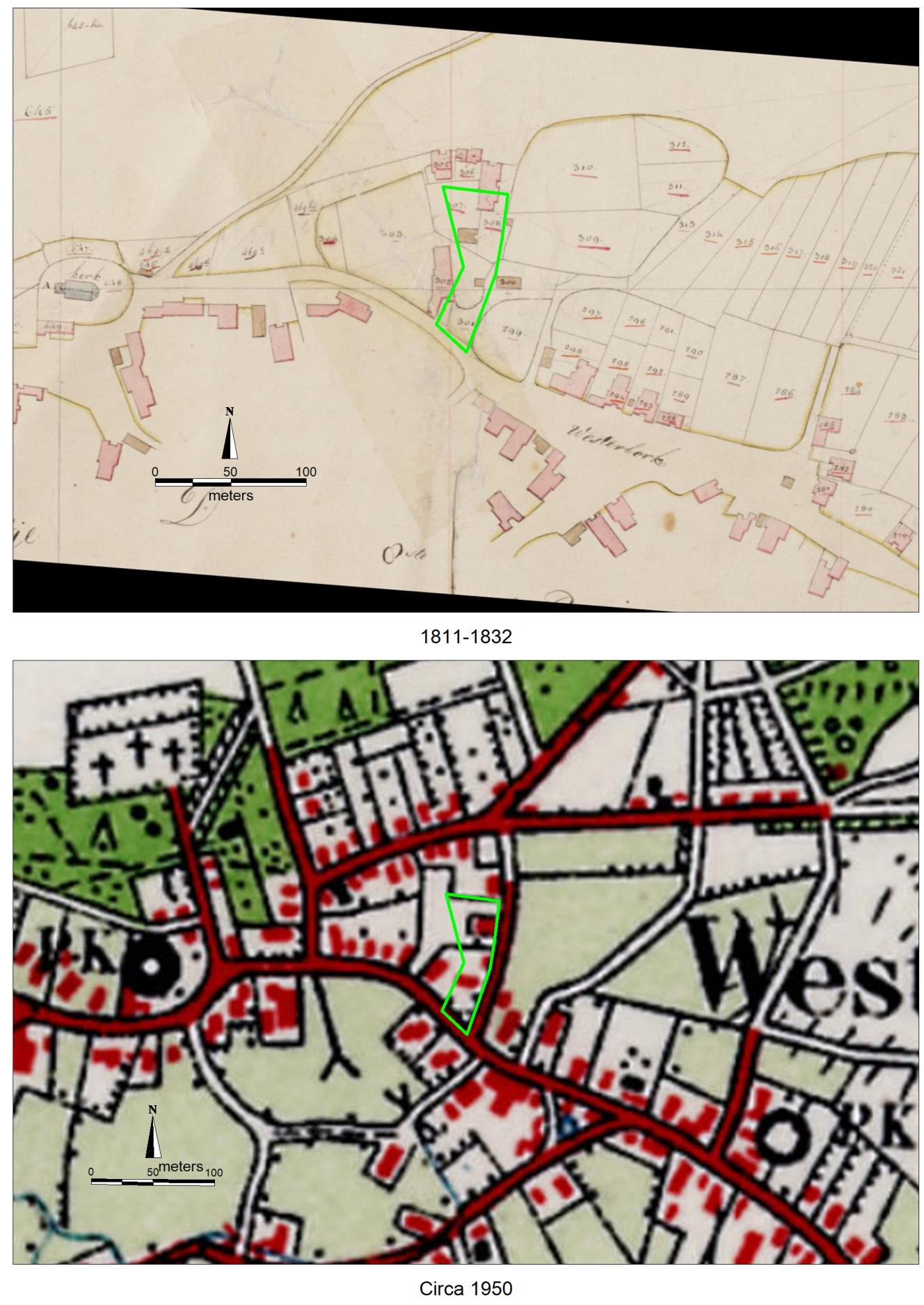 Afbeelding 5. Plangebied op de minuutplan uit begin 19 e eeuw en op een kaart van rond 1950.