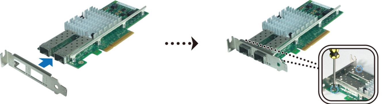 Om de lange montageadapter te vervangen door een korte: 1 Draai de 2 schroeven in de lange montageadapter op uw netwerkinterfacekaart los en verwijder de montageadapter.