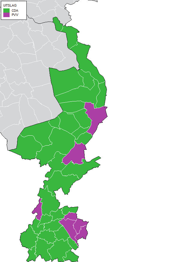 Provincie Limburg Gemeente Arcen en Velden % absoluut Kiesgerechtigden: 6694 Opkomst: 38,50 2577 Geldige stemmen: 38,26 2561 Blanco: 0,55 14 Ongeldig: 0,03 2 CDA 40,22 1030 PVV 24,80 635 VVD 7,89 202